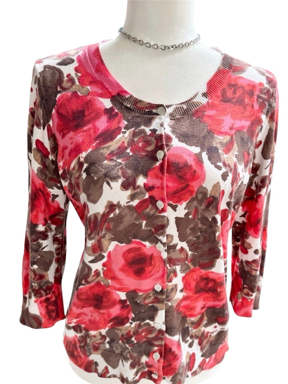 Talbots Floral Cardigan | Women’s Size LP | 60% Cotton Rayon Blend | Pink/Red